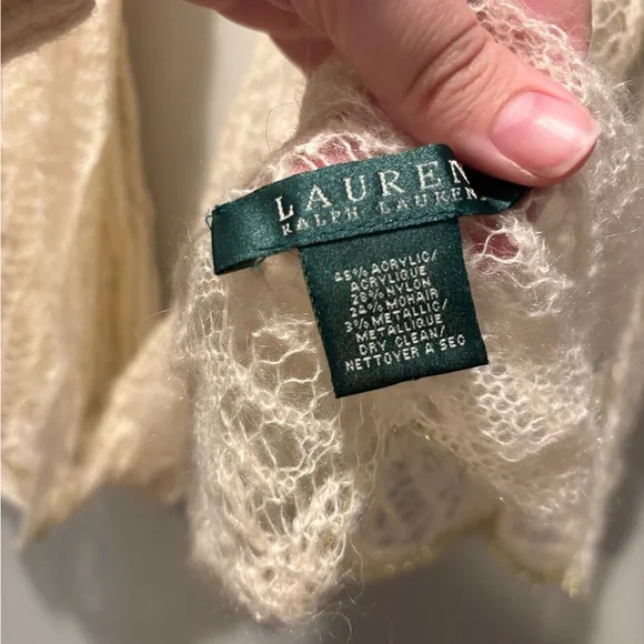 Ralph Lauren Lace Knit Scarf Ivory Mohair Blend Gold Metallic Ends Boho Romantic - Picture 2 of 10